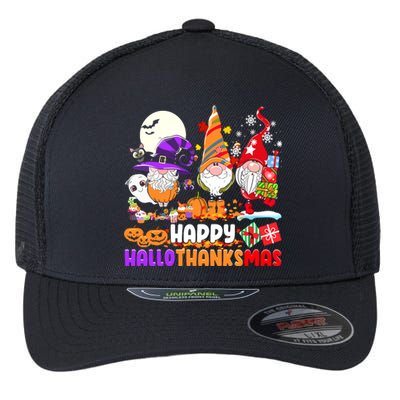 Happy Hallothanksmas Gnomes Halloween Thanksgiving Christmas Flexfit Unipanel Trucker Cap