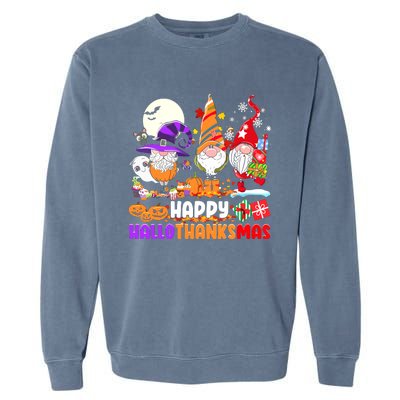 Happy Hallothanksmas Gnomes Halloween Thanksgiving Christmas Garment-Dyed Sweatshirt