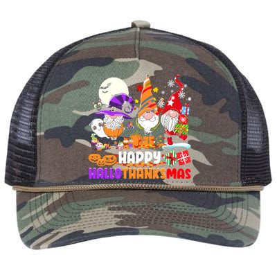 Happy Hallothanksmas Gnomes Halloween Thanksgiving Christmas Retro Rope Trucker Hat Cap