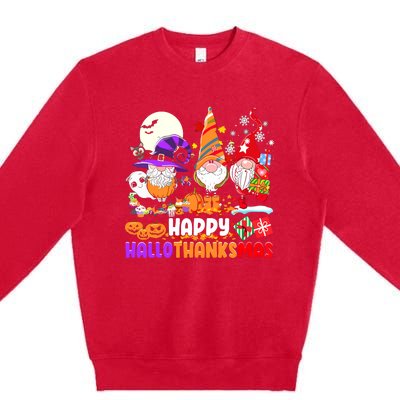 Happy Hallothanksmas Gnomes Halloween Thanksgiving Christmas Premium Crewneck Sweatshirt