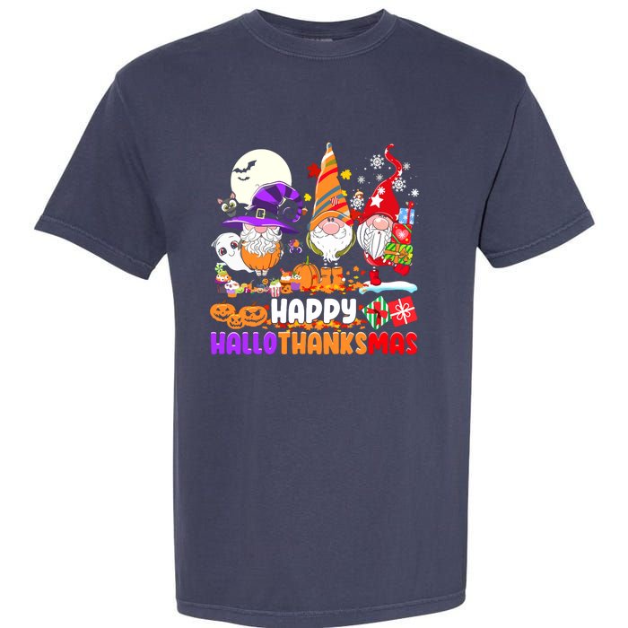 Happy Hallothanksmas Gnomes Halloween Thanksgiving Christmas Garment-Dyed Heavyweight T-Shirt