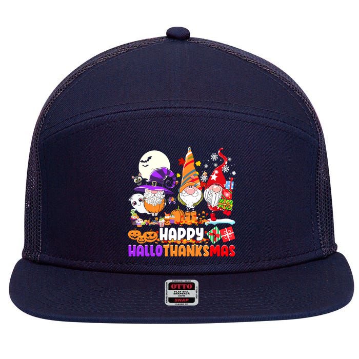 Happy Hallothanksmas Gnomes Halloween Thanksgiving Christmas 7 Panel Mesh Trucker Snapback Hat