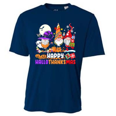 Happy Hallothanksmas Gnomes Halloween Thanksgiving Christmas Cooling Performance Crew T-Shirt