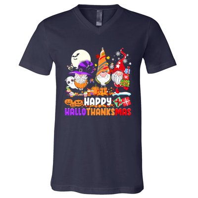 Happy Hallothanksmas Gnomes Halloween Thanksgiving Christmas V-Neck T-Shirt