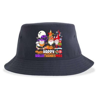 Happy Hallothanksmas Gnomes Halloween Thanksgiving Christmas Sustainable Bucket Hat