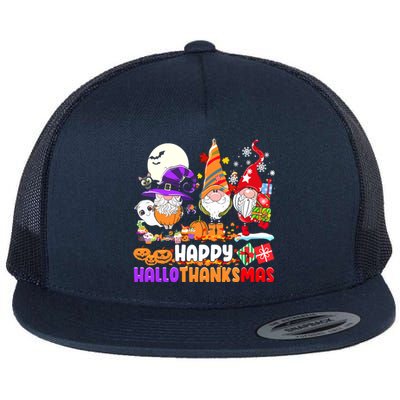 Happy Hallothanksmas Gnomes Halloween Thanksgiving Christmas Flat Bill Trucker Hat