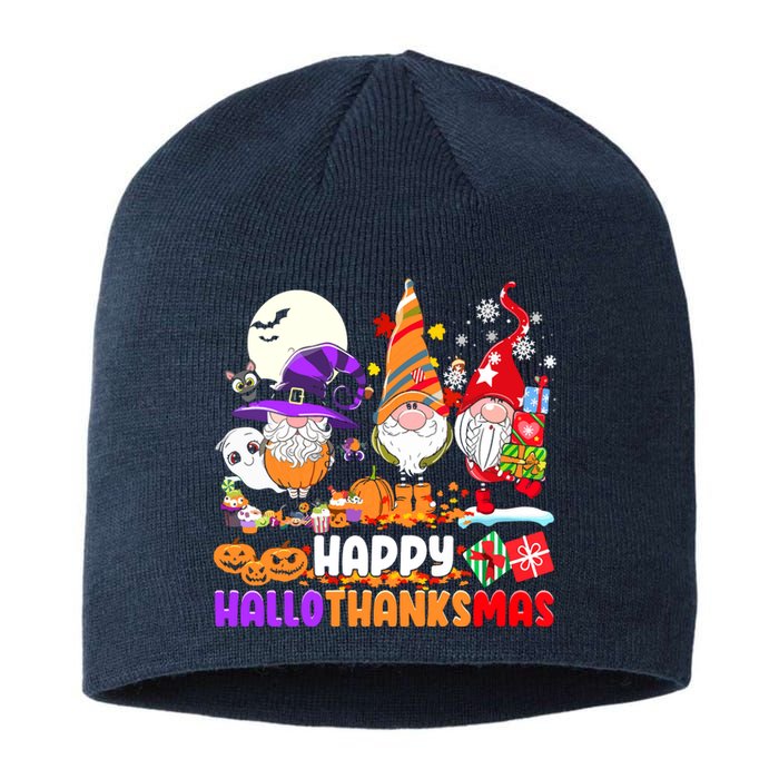 Happy Hallothanksmas Gnomes Halloween Thanksgiving Christmas Sustainable Beanie