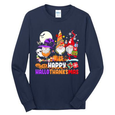 Happy Hallothanksmas Gnomes Halloween Thanksgiving Christmas Tall Long Sleeve T-Shirt