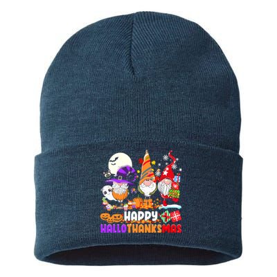 Happy Hallothanksmas Gnomes Halloween Thanksgiving Christmas Sustainable Knit Beanie