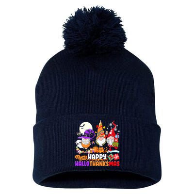 Happy Hallothanksmas Gnomes Halloween Thanksgiving Christmas Pom Pom 12in Knit Beanie