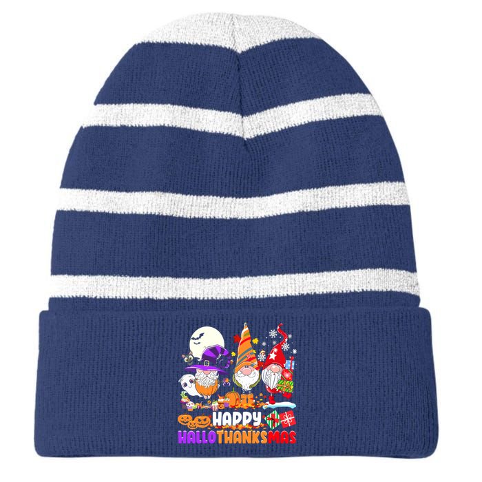 Happy Hallothanksmas Gnomes Halloween Thanksgiving Christmas Striped Beanie with Solid Band