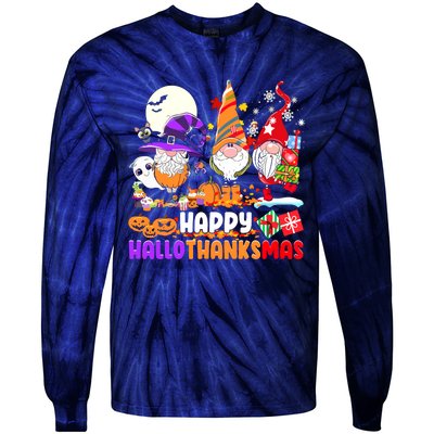 Happy Hallothanksmas Gnomes Halloween Thanksgiving Christmas Tie-Dye Long Sleeve Shirt