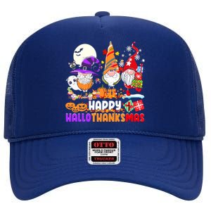 Happy Hallothanksmas Gnomes Halloween Thanksgiving Christmas High Crown Mesh Back Trucker Hat