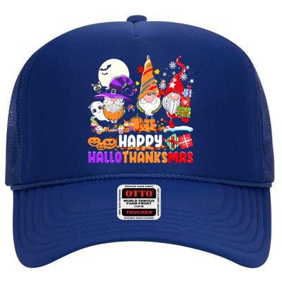 Happy Hallothanksmas Gnomes Halloween Thanksgiving Christmas High Crown Mesh Back Trucker Hat