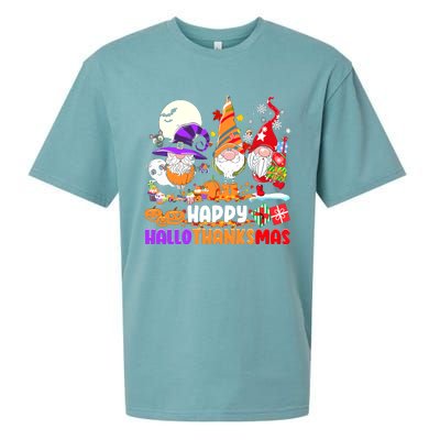 Happy Hallothanksmas Gnomes Halloween Thanksgiving Christmas Sueded Cloud Jersey T-Shirt