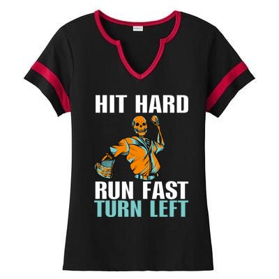 Hit Hard Gift Run Fast Gift Turn Left Gift Funny Baseball Gift Ladies Halftime Notch Neck Tee