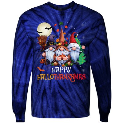 Happy Hallothanksmas Gnomes Lover Halloween Merry Christmas Tie-Dye Long Sleeve Shirt