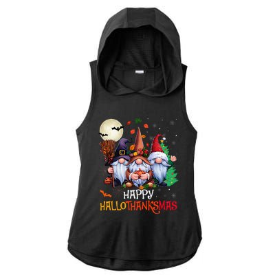 Happy Hallothanksmas Gnomes Lover Halloween Merry Christmas Ladies PosiCharge Tri-Blend Wicking Draft Hoodie Tank