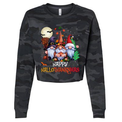 Happy Hallothanksmas Gnomes Lover Halloween Merry Christmas Cropped Pullover Crew