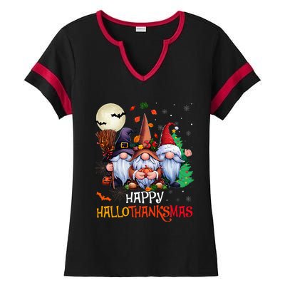 Happy Hallothanksmas Gnomes Lover Halloween Merry Christmas Ladies Halftime Notch Neck Tee