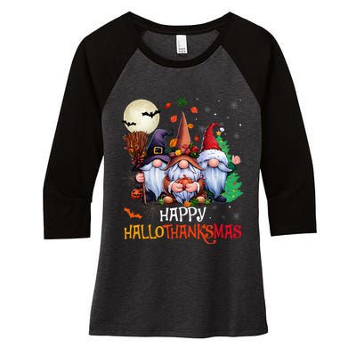 Happy Hallothanksmas Gnomes Lover Halloween Merry Christmas Women's Tri-Blend 3/4-Sleeve Raglan Shirt