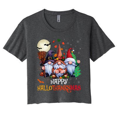 Happy Hallothanksmas Gnomes Lover Halloween Merry Christmas Women's Crop Top Tee