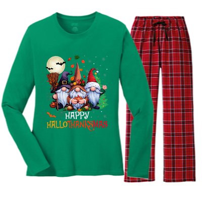 Happy Hallothanksmas Gnomes Lover Halloween Merry Christmas Women's Long Sleeve Flannel Pajama Set 