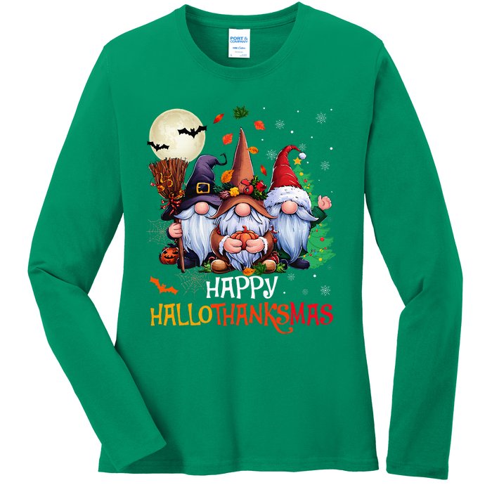 Happy Hallothanksmas Gnomes Lover Halloween Merry Christmas Ladies Long Sleeve Shirt