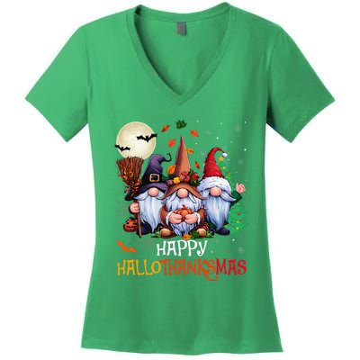 Happy Hallothanksmas Gnomes Lover Halloween Merry Christmas Women's V-Neck T-Shirt