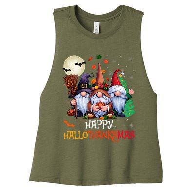 Happy Hallothanksmas Gnomes Lover Halloween Merry Christmas Women's Racerback Cropped Tank