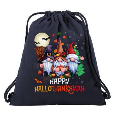 Happy Hallothanksmas Gnomes Lover Halloween Merry Christmas Drawstring Bag