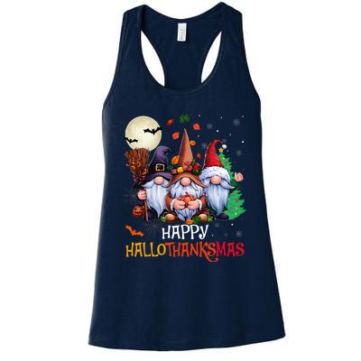 Happy Hallothanksmas Gnomes Lover Halloween Merry Christmas Women's Racerback Tank