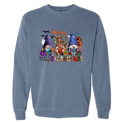 Happy Hallothanksmas Gnomes Halloween Thanksgiving Christmas Garment-Dyed Sweatshirt