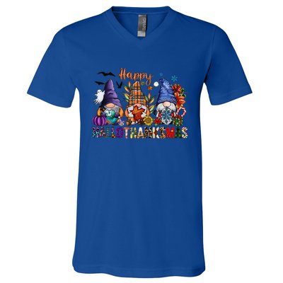 Happy Hallothanksmas Gnomes Halloween Thanksgiving Christmas V-Neck T-Shirt