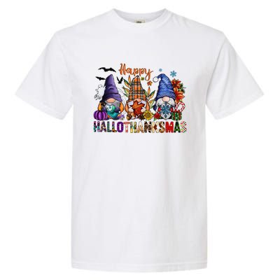 Happy Hallothanksmas Gnomes Halloween Thanksgiving Christmas Garment-Dyed Heavyweight T-Shirt