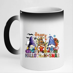 Happy Hallothanksmas Gnomes Halloween Thanksgiving Christmas 11oz Black Color Changing Mug