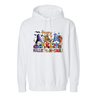 Happy Hallothanksmas Gnomes Halloween Thanksgiving Christmas Garment-Dyed Fleece Hoodie