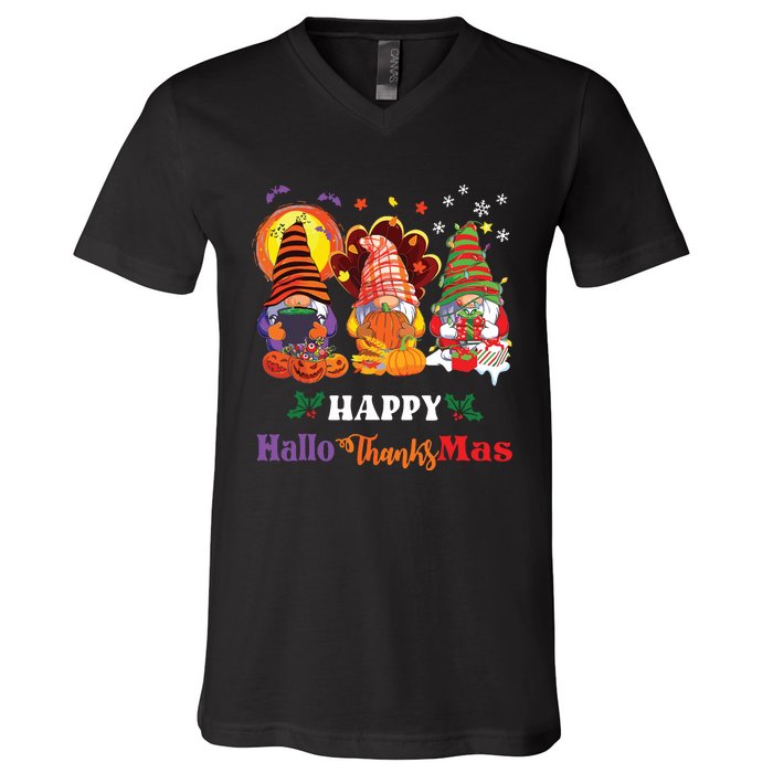 Happy Hallothanksmas Gnome Halloween Thanksgiving Christmas V-Neck T-Shirt