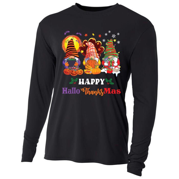 Happy Hallothanksmas Gnome Halloween Thanksgiving Christmas Cooling Performance Long Sleeve Crew