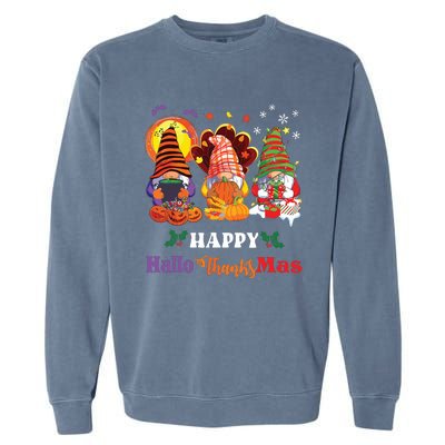 Happy Hallothanksmas Gnome Halloween Thanksgiving Christmas Garment-Dyed Sweatshirt