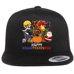 HAPPY HALLOTHANKSMAS GNOME Halloween Thanksgiving Christmas Flat Bill Trucker Hat