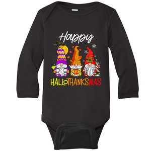 Happy Hallothanksmas Gnomes Halloween Thanksgiving Christmas Baby Long Sleeve Bodysuit