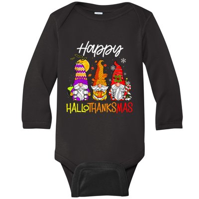 Happy Hallothanksmas Gnomes Halloween Thanksgiving Christmas Baby Long Sleeve Bodysuit