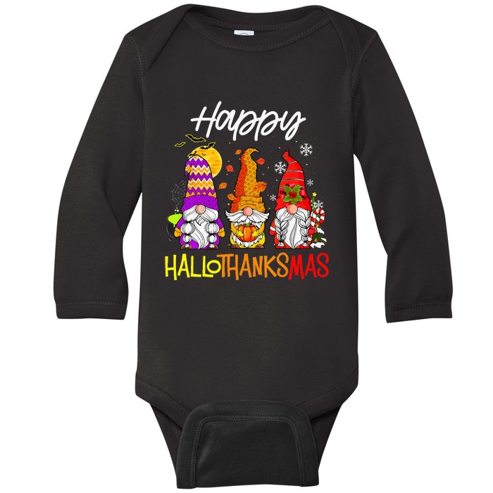 Happy Hallothanksmas Gnomes Halloween Thanksgiving Christmas Baby Long Sleeve Bodysuit