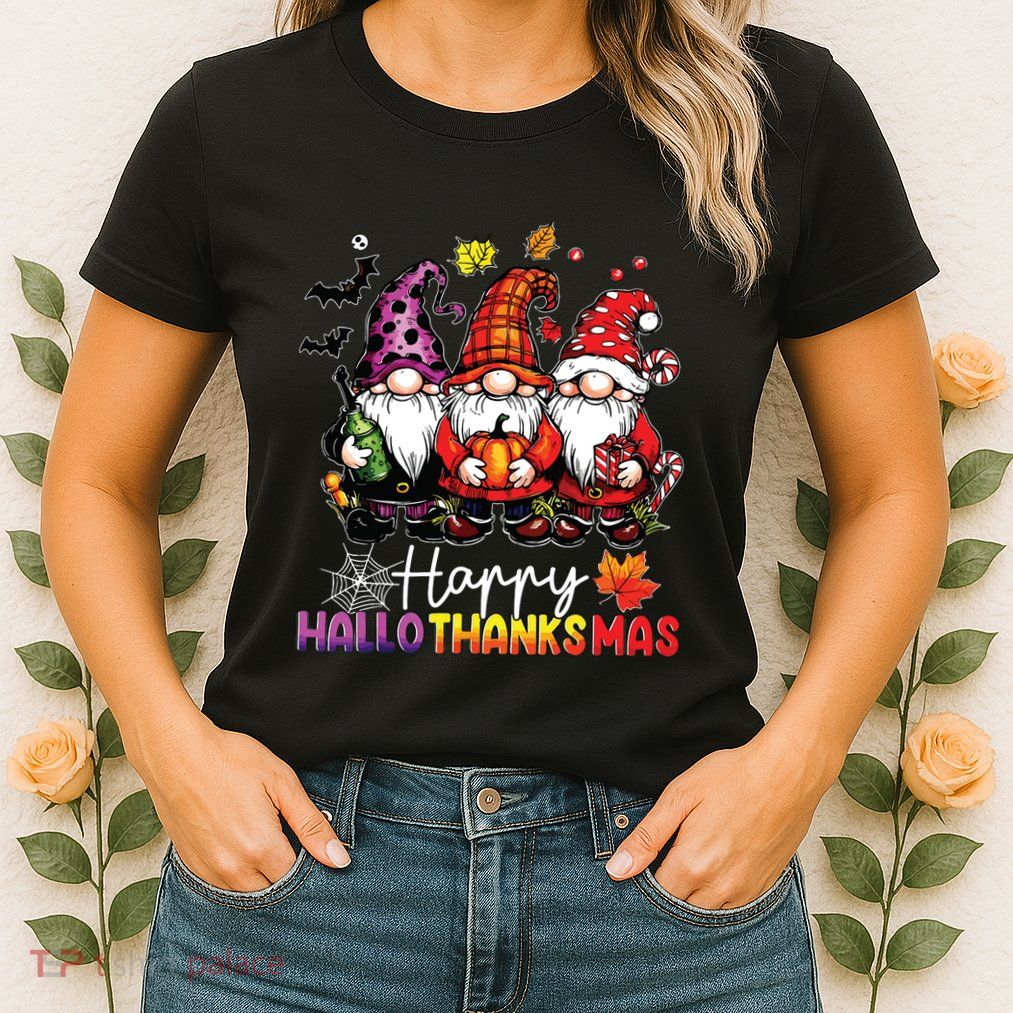 Happy Hallothanksmas Gnomes Lover Halloween Merry Christmas Womens T-Shirt