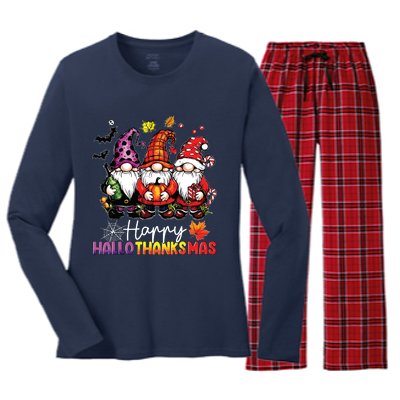 Happy Hallothanksmas Gnomes Lover Halloween Merry Christmas Women's Long Sleeve Flannel Pajama Set 