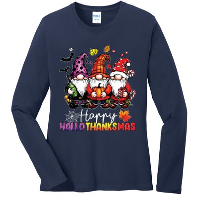 Happy Hallothanksmas Gnomes Lover Halloween Merry Christmas Ladies Long Sleeve Shirt