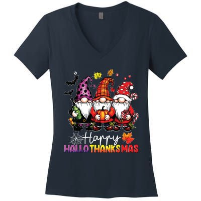 Happy Hallothanksmas Gnomes Lover Halloween Merry Christmas Women's V-Neck T-Shirt