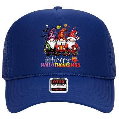 Happy Hallothanksmas Gnomes Lover Halloween Merry Christmas High Crown Mesh Back Trucker Hat