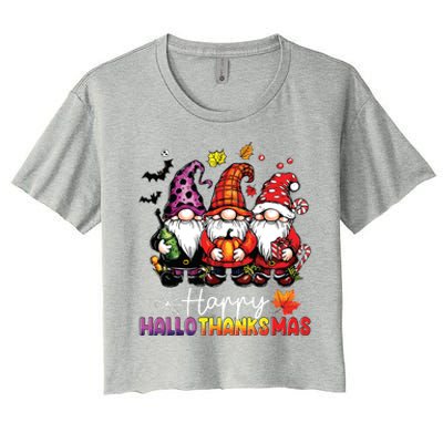 Happy Hallothanksmas Gnomes Lover Halloween Merry Christmas Women's Crop Top Tee